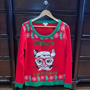 Large Red and Green Crazy Cat Lady Christmas Sweater
